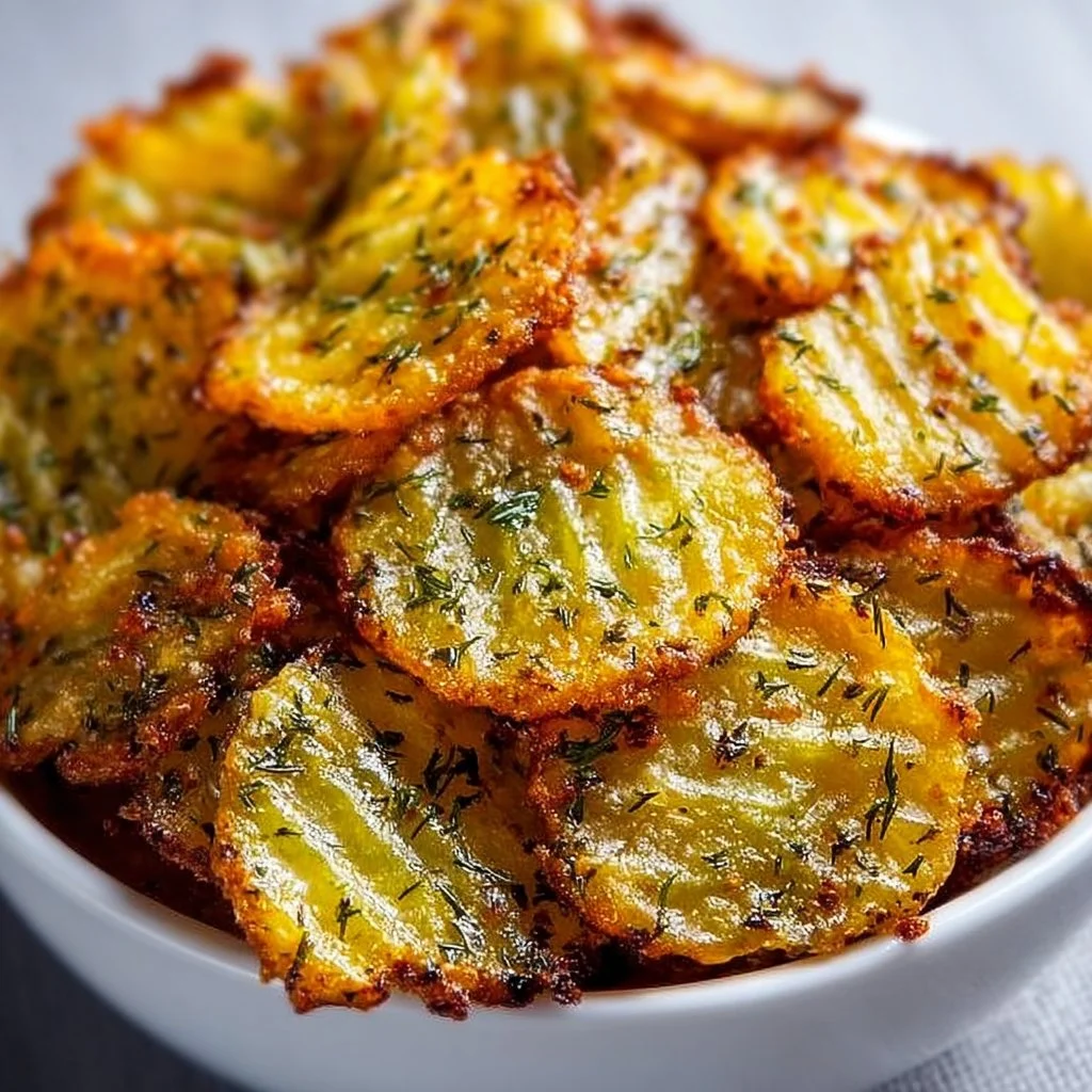 Crispy spicy dill pickle chips in a bowl with a crunchy texture and vibrant color