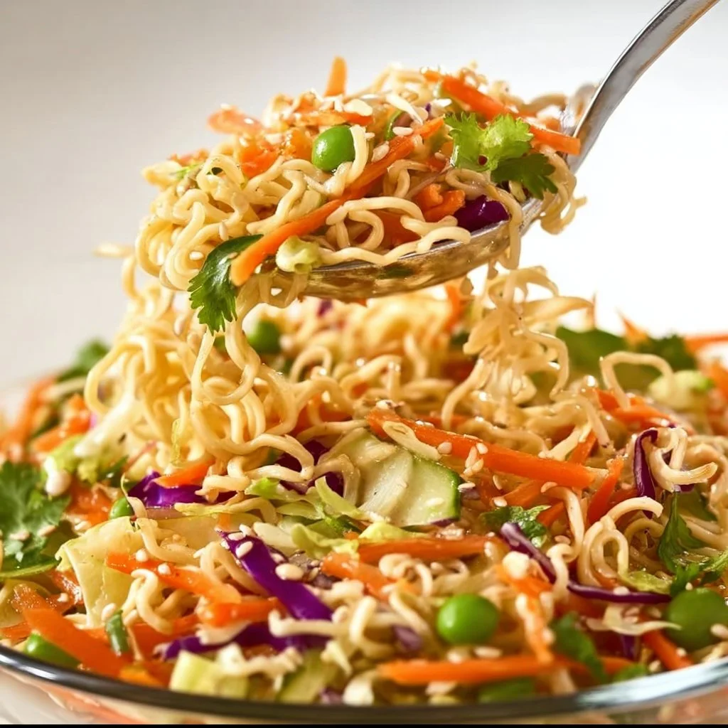 Crunchy Asian Ramen Noodle Salad with fresh vegetables and savory dressing