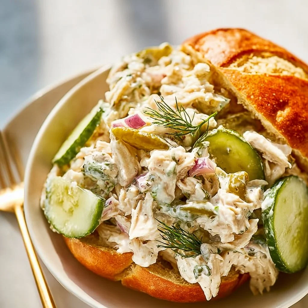 Delicious Crunchy Dill Pickle Chicken Salad with vibrant ingredients served in a bowl