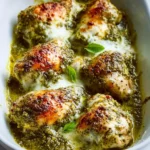 Plate of pesto baked chicken garnished with fresh basil and served with vegetables