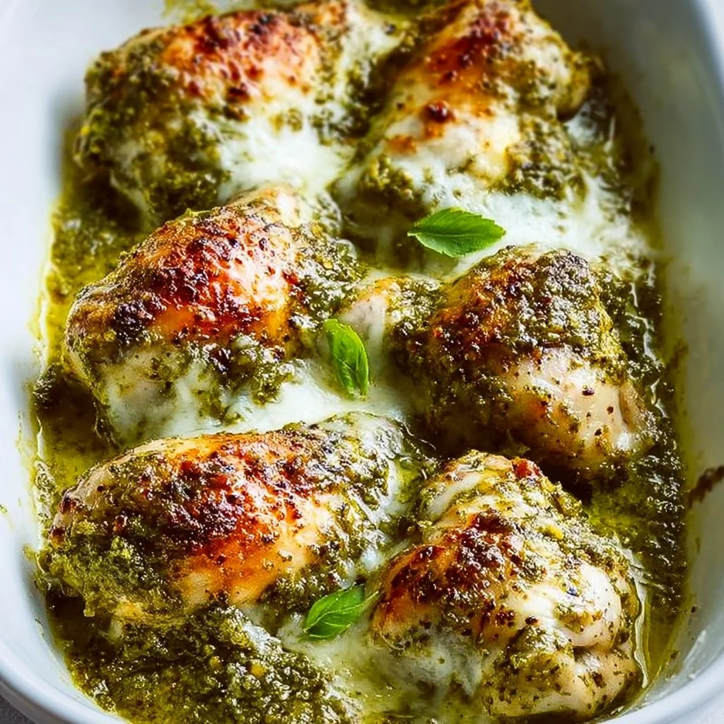 Plate of pesto baked chicken garnished with fresh basil and served with vegetables
