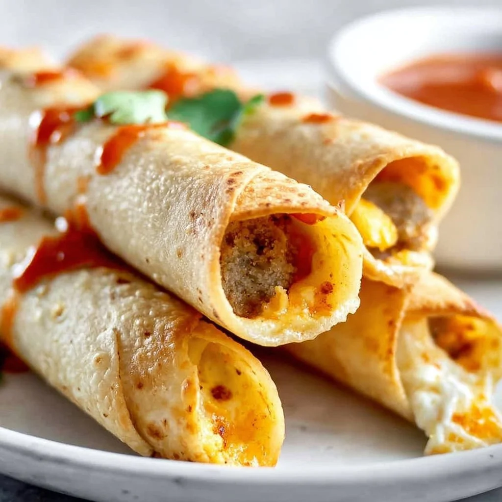 Delicious breakfast taquitos served on a plate with toppings.