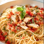 Delicious easy bruschetta chicken pasta served in a bowl with fresh basil.