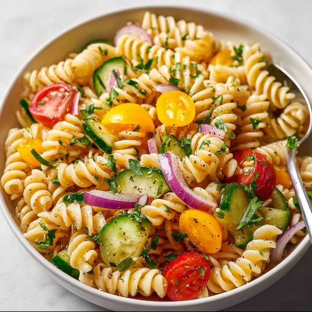 Bowl of easy classic pasta salad with vegetables and dressing