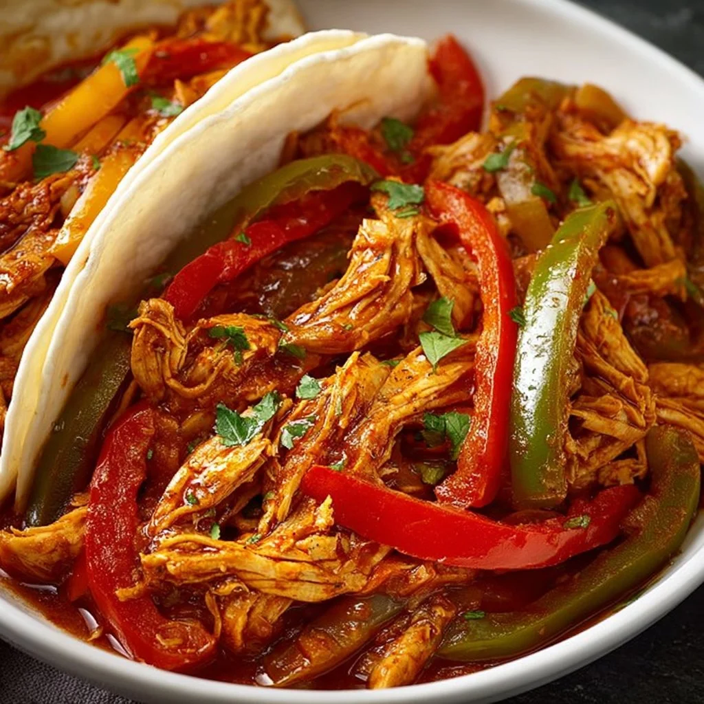 Delicious Easy Crockpot Chicken Fajitas served with fresh vegetables