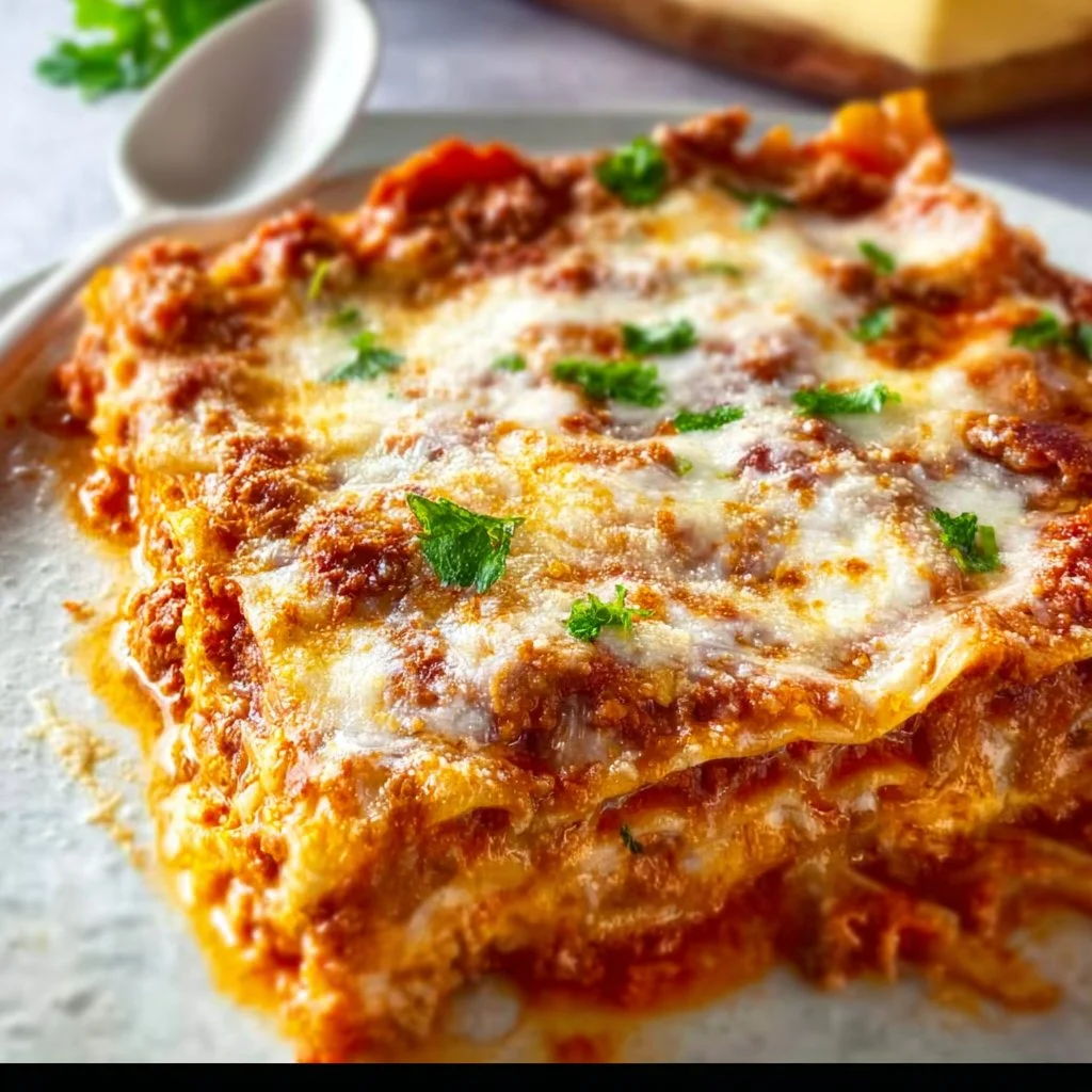 Easy lasagna recipe with no boil noodles, featuring layers of cheese and sauce