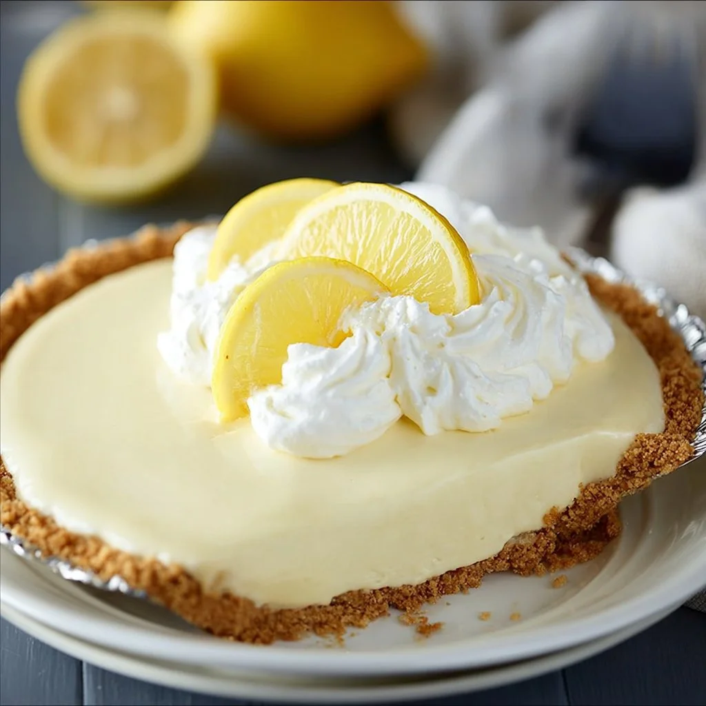 Slice of easy lemon cream pie with a creamy filling and a buttery crust