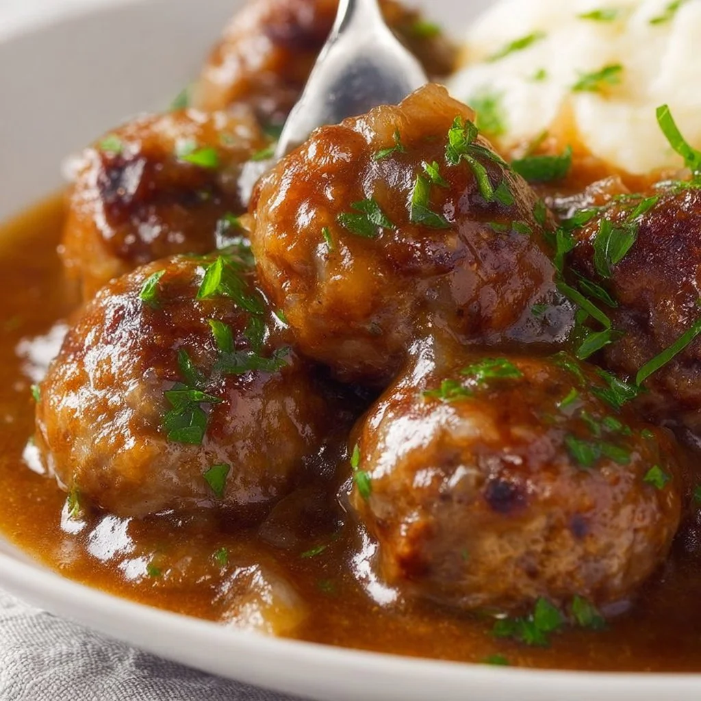 Plate of easy meatballs served with brown gravy