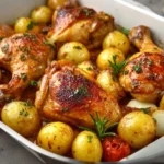 Easy one pan chicken and potatoes dish prepared with herbs and seasoning