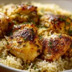 A plate of easy oven baked chicken served with rice and vegetables