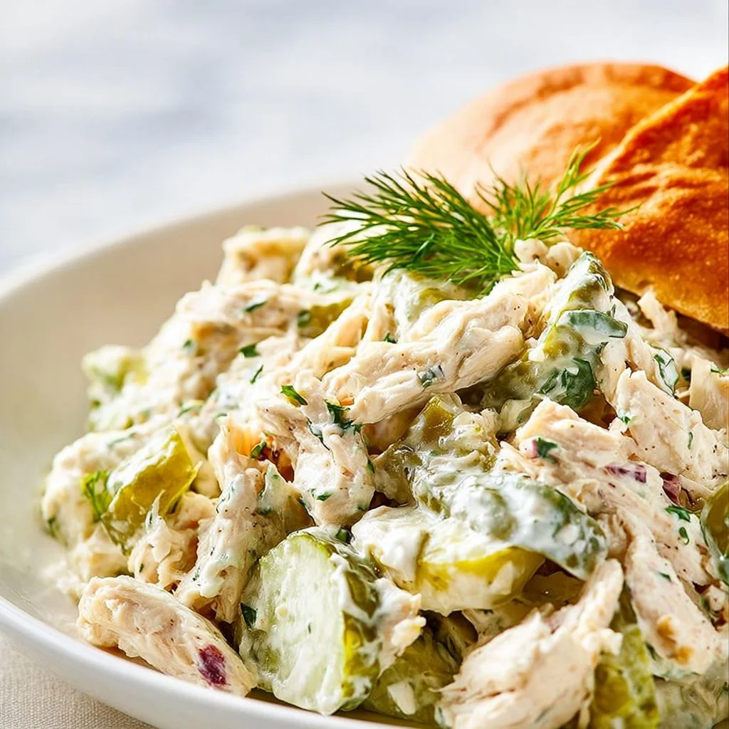 Delicious Dill Pickle Chicken Salad served in a bowl