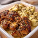 Delicious Garlic Butter Chicken served with creamy potatoes on a plate.