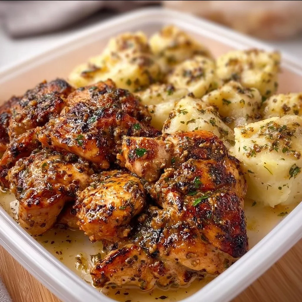 Delicious Garlic Butter Chicken served with creamy potatoes on a plate.