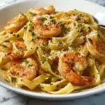 Creamy Garlic Butter Fettuccine with shrimp served on a plate