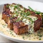Delicious garlic butter steak served with herbs and seasonings