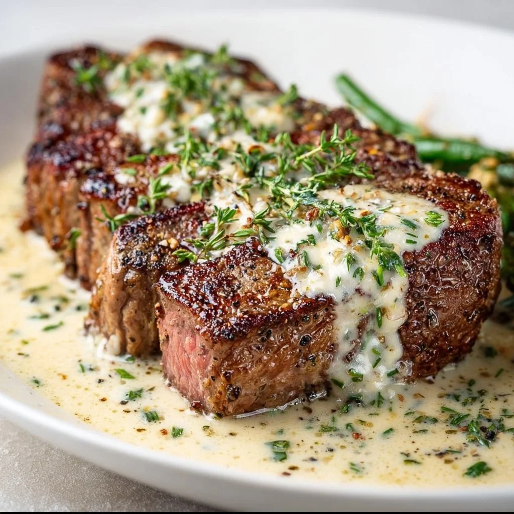 Delicious garlic butter steak served with herbs and seasonings