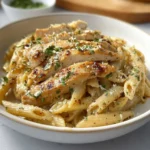 Garlic Parmesan Chicken and Pasta 3 Delicious Garlic Parmesan Chicken served with pasta, garnished with parsley.