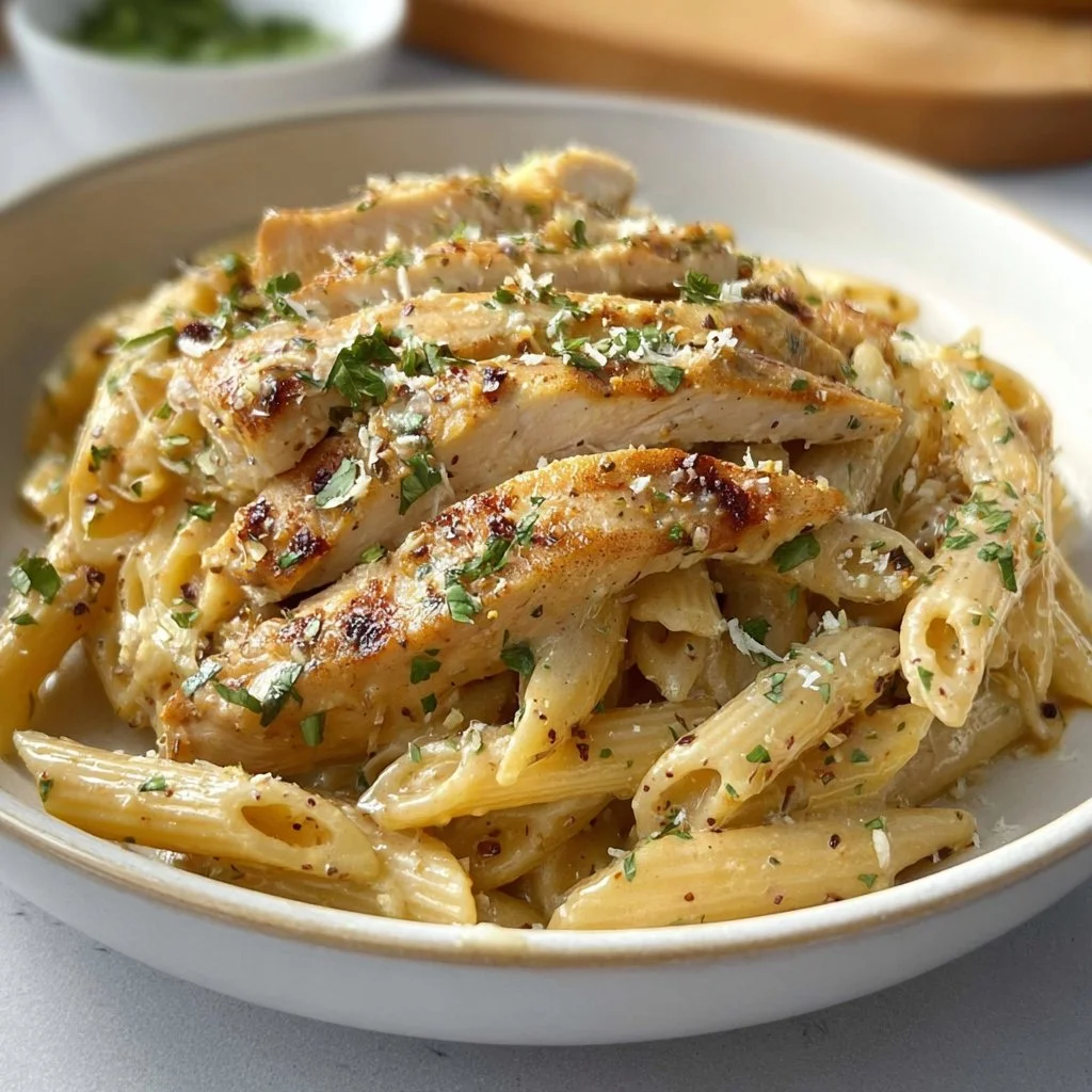 Delicious Garlic Parmesan Chicken served with pasta, garnished with parsley.