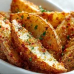 Crispy Garlic Parmesan Potato Wedges garnished with herbs