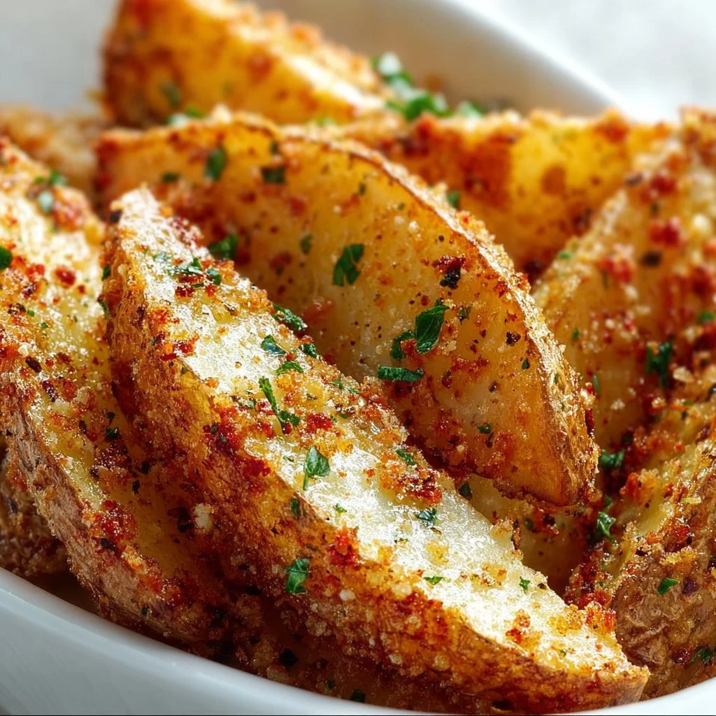 Crispy Garlic Parmesan Potato Wedges garnished with herbs