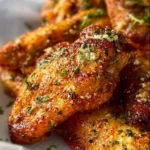 Close-up of delicious Garlic Parmesan Wings topped with herbs and spices.