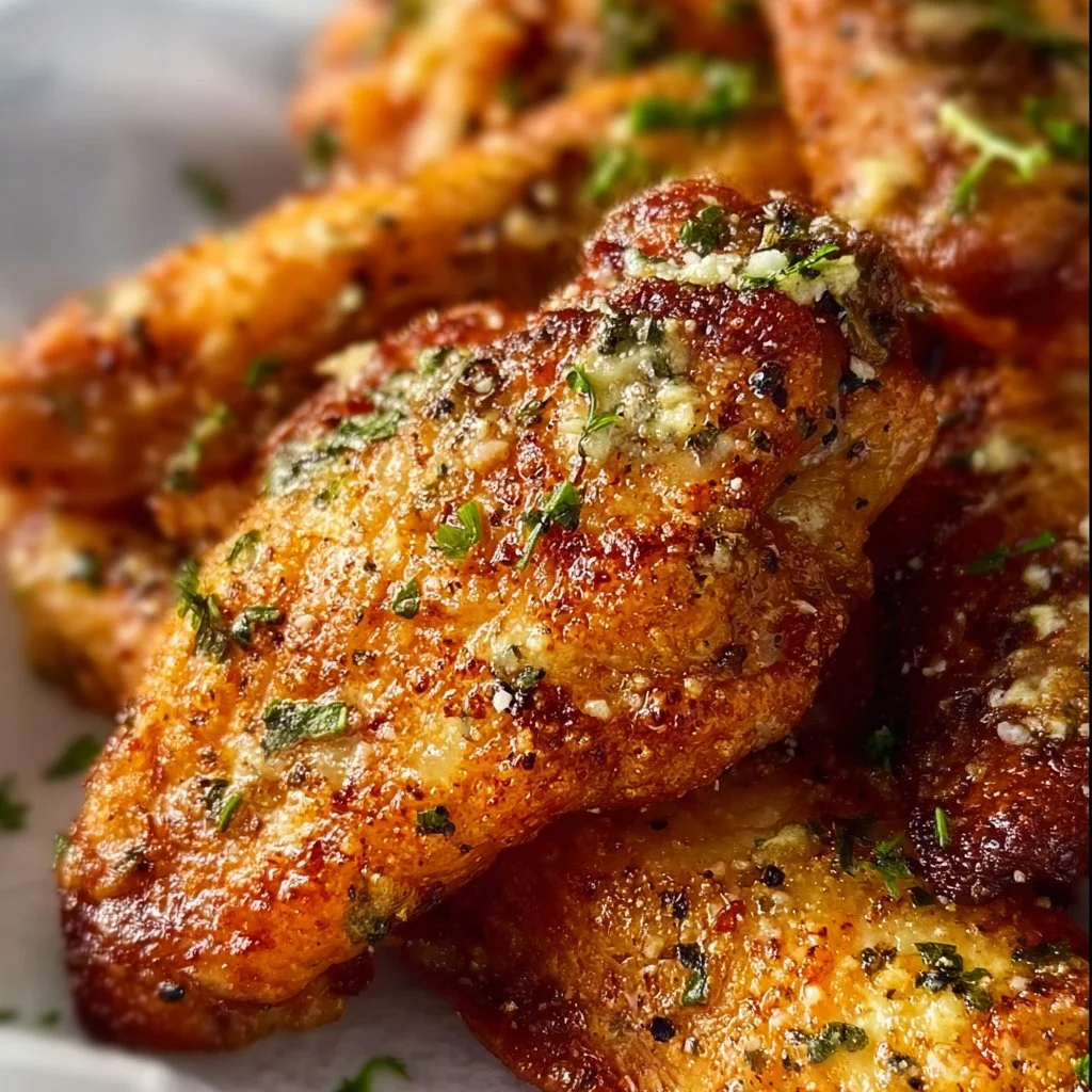 Close-up of delicious Garlic Parmesan Wings topped with herbs and spices.