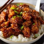Plated dish of General Tso's Chicken with vegetables and sauce