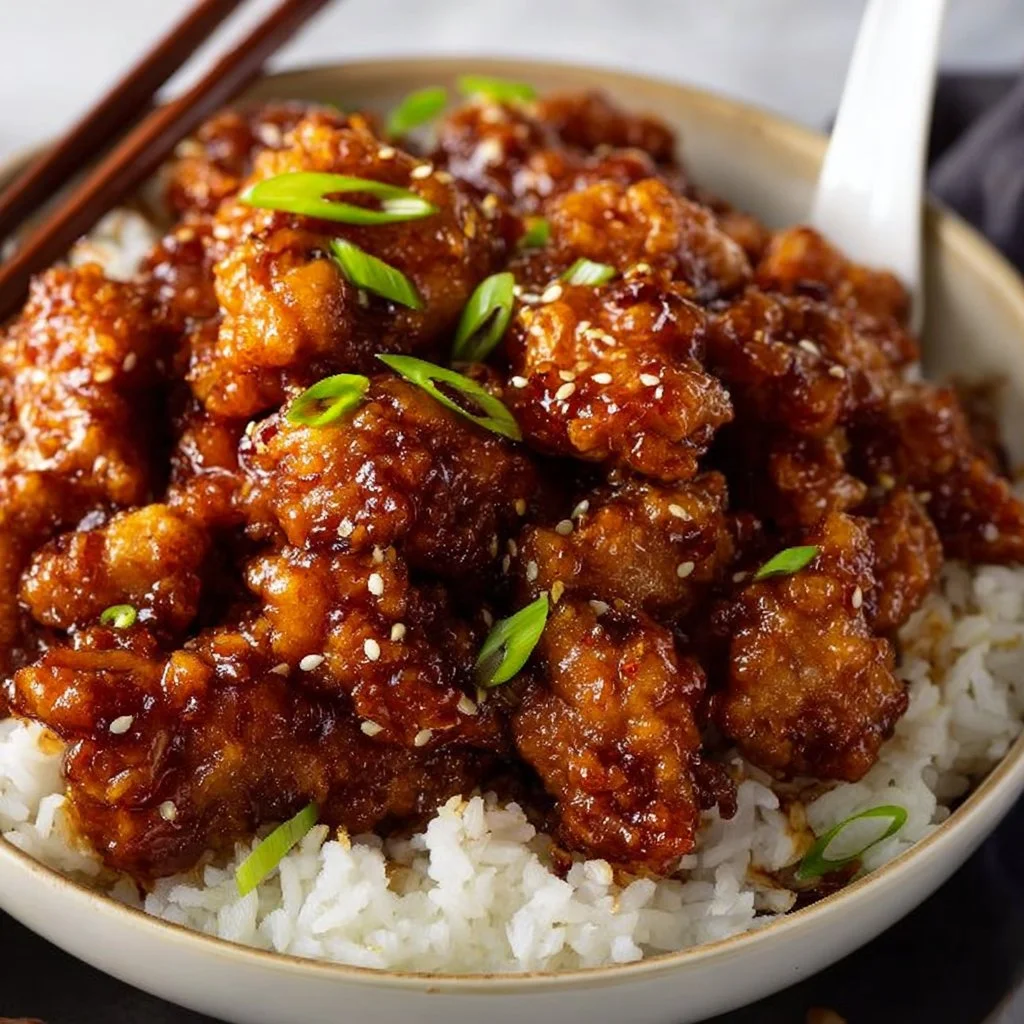 Plated dish of General Tso's Chicken with vegetables and sauce