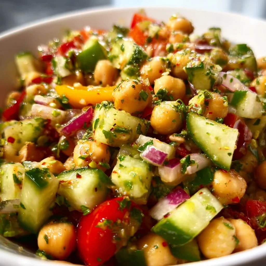 Colorful Greek chickpea salad with cucumbers, tomatoes, and feta cheese.