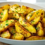 Plate of Greek lemon potatoes garnished with herbs