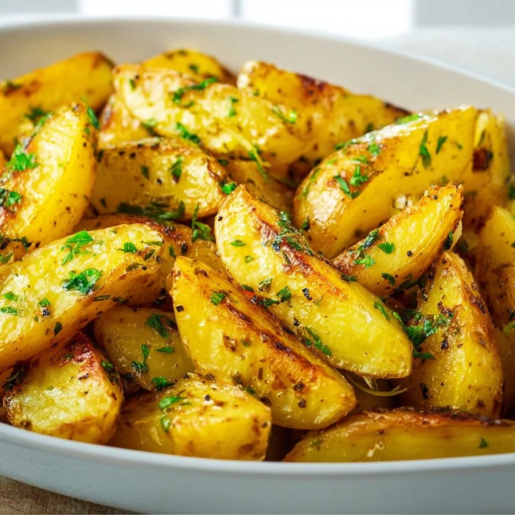 Plate of Greek lemon potatoes garnished with herbs