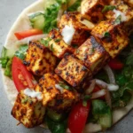 Delicious Greek-Style Tofu Skewers garnished with vegetables