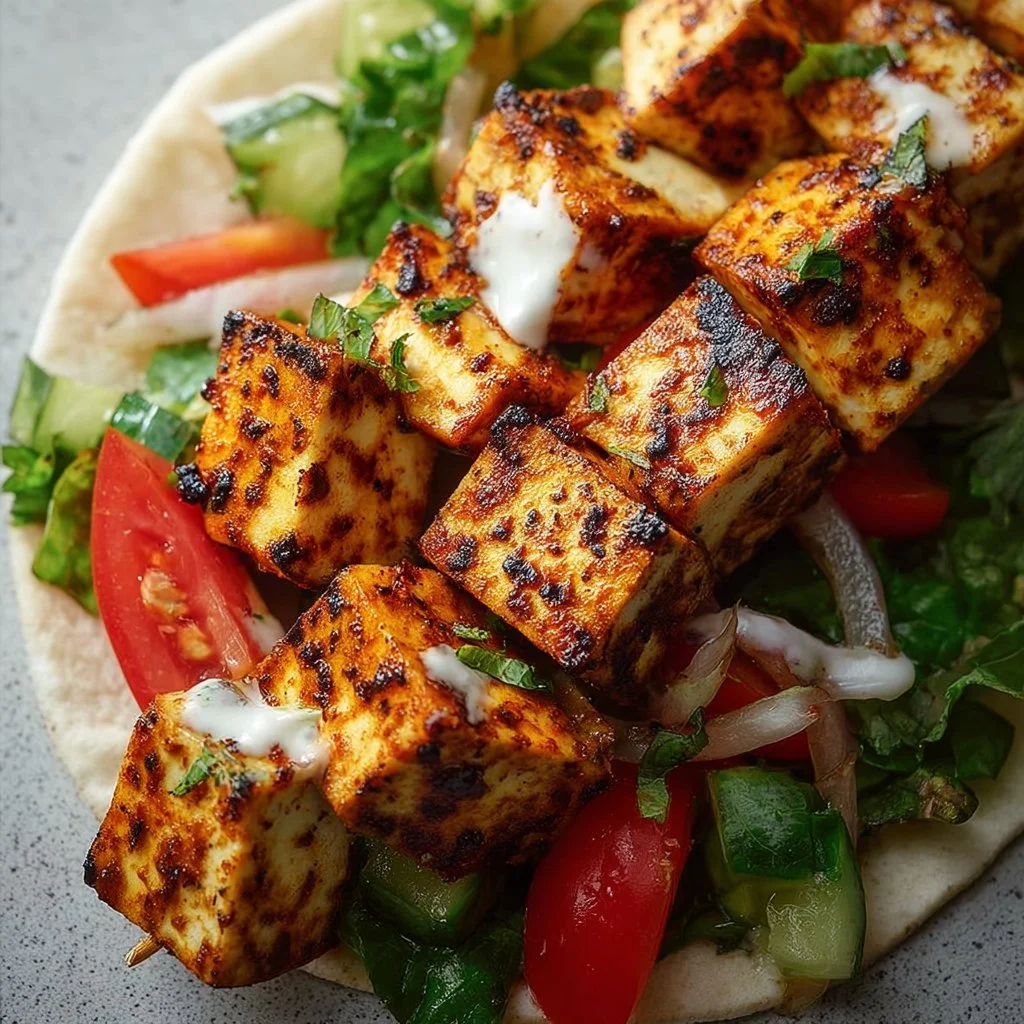 Delicious Greek-Style Tofu Skewers garnished with vegetables