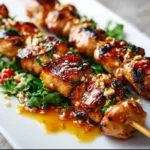 Delicious grilled Asian chicken skewers served on a plate with dipping sauce