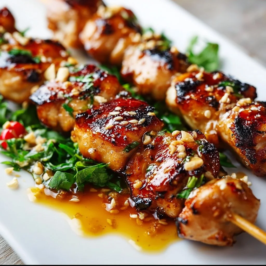Delicious grilled Asian chicken skewers served on a plate with dipping sauce