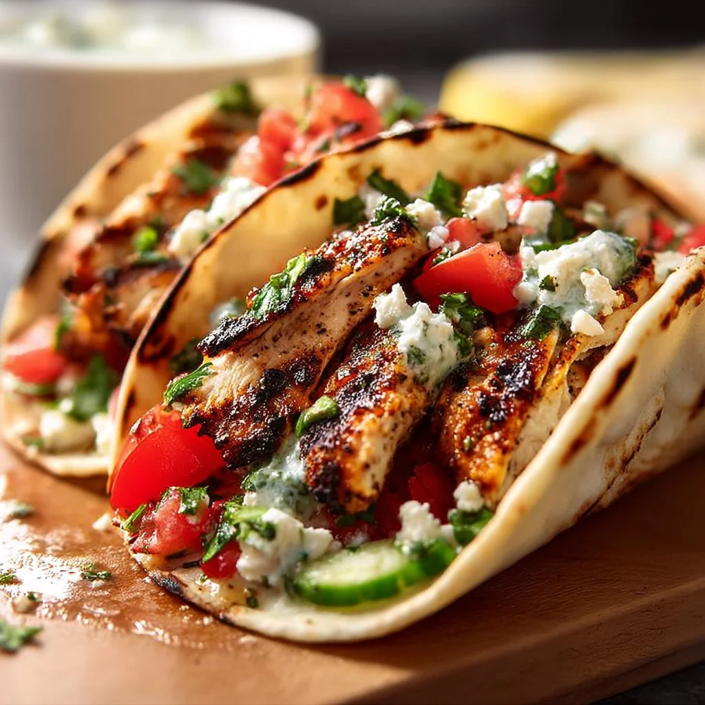 Delicious grilled Mediterranean chicken tacos garnished with fresh ingredients