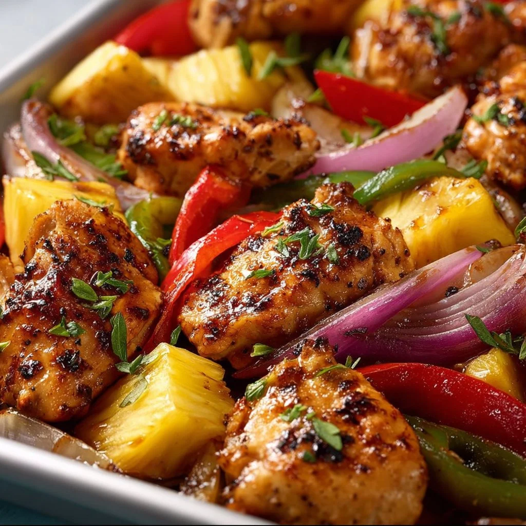 Hawaiian Chicken Sheet Pan with colorful vegetables and juicy chicken
