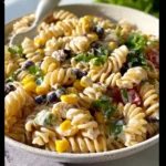 Healthy Black Bean Corn Pasta Salad with vegetables and dressing