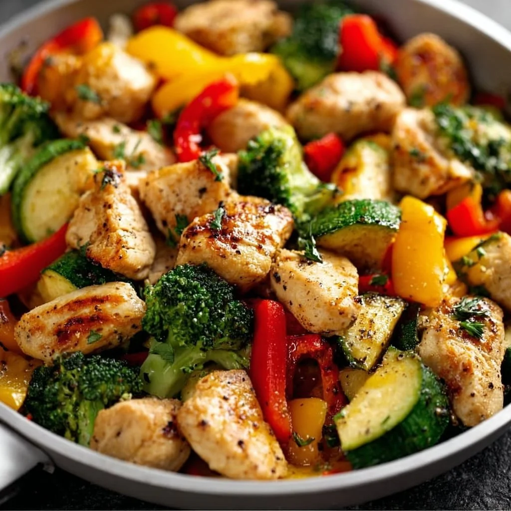 Healthy chicken and vegetables skillet with colorful ingredients