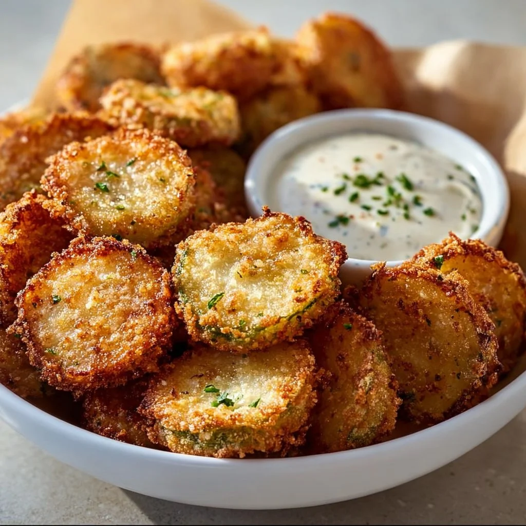 Crispy and healthy air fryer fried pickles served with dipping sauce