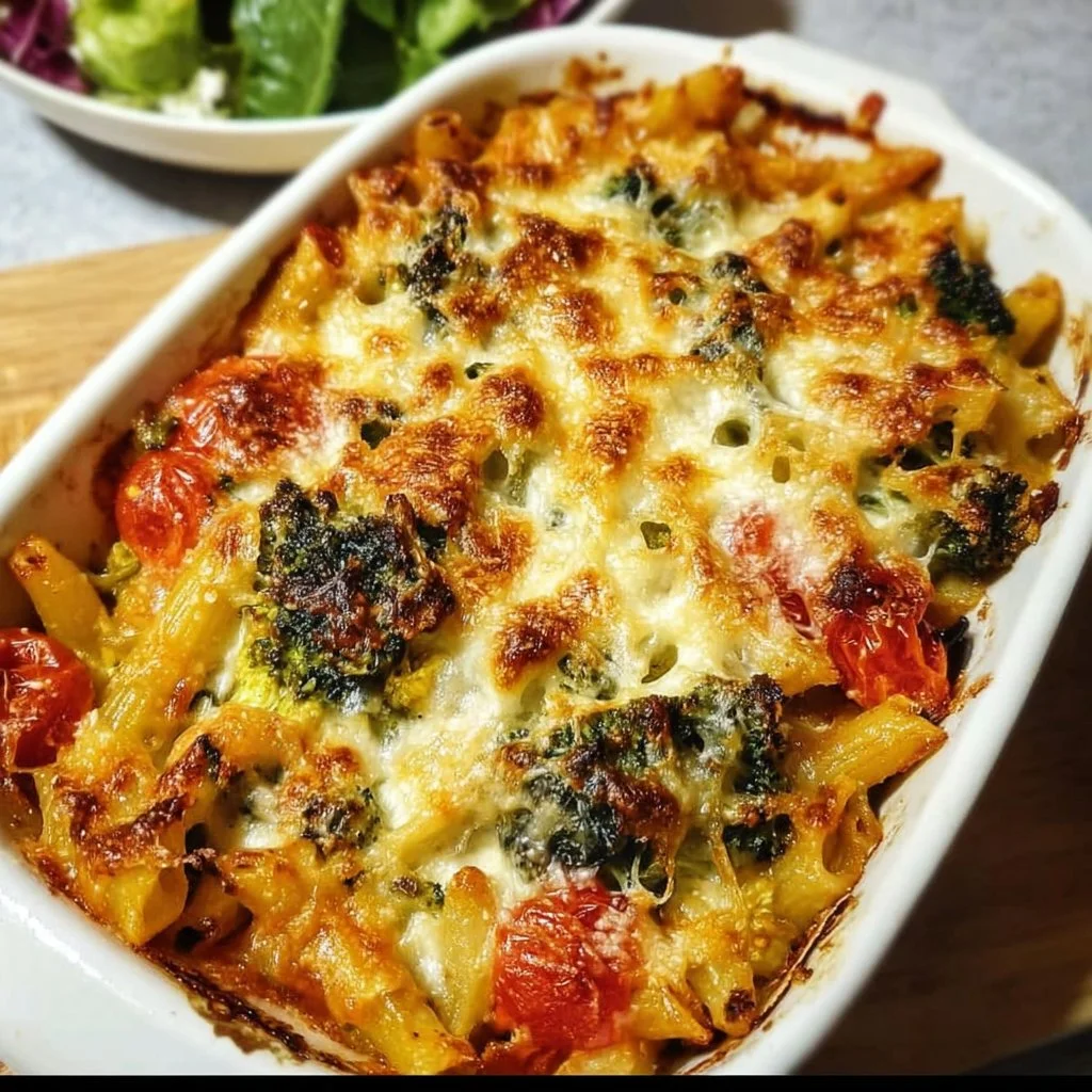 Healthy Mediterranean Vegetable Pasta Bake with fresh vegetables and herbs