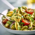 High protein vegan avocado pasta salad in a bowl with fresh ingredients