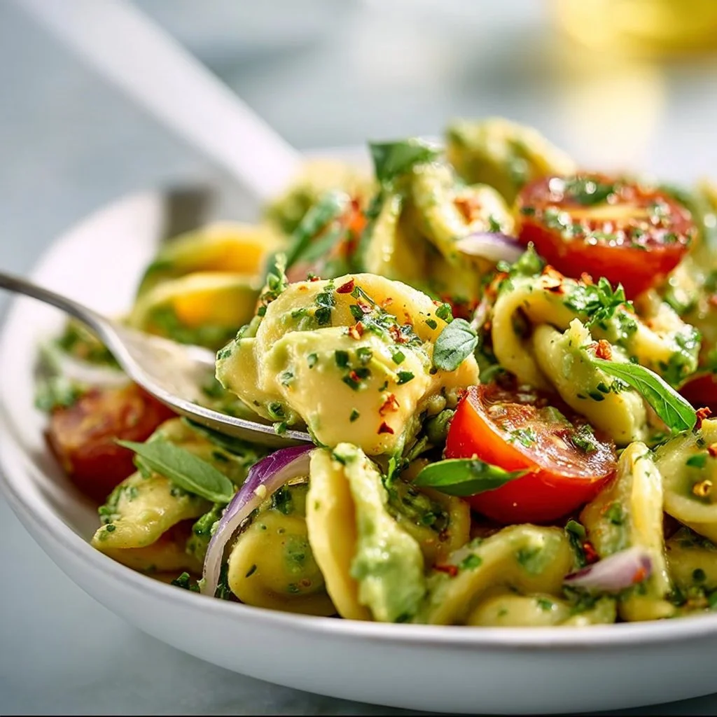 High protein vegan avocado pasta salad in a bowl with fresh ingredients