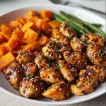 Honey Garlic Chicken served with roasted sweet potatoes on a plate.