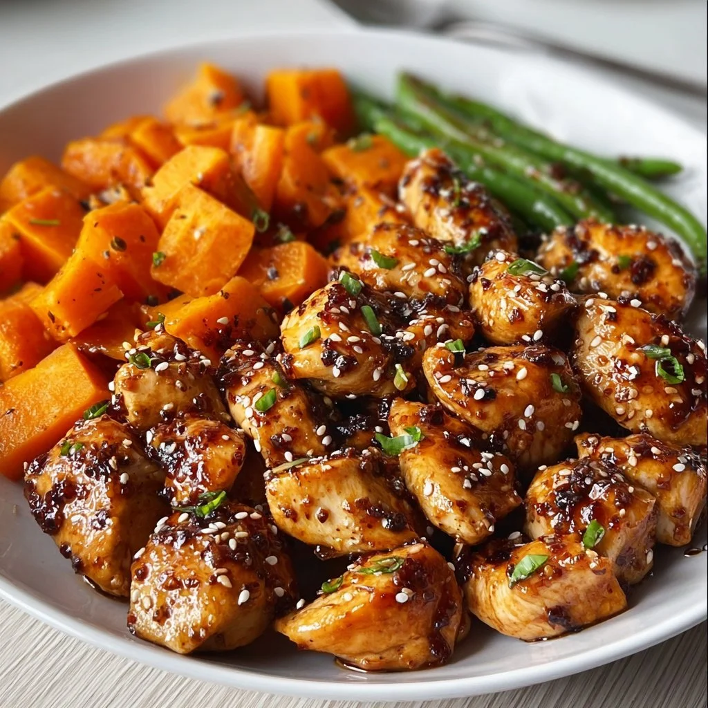 Honey Garlic Chicken served with roasted sweet potatoes on a plate.