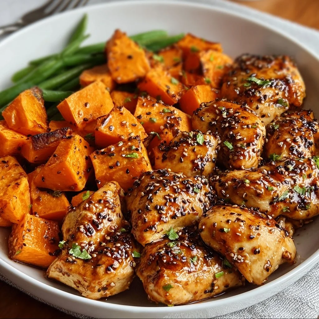 Honey Garlic Chicken served with roasted sweet potato on a plate