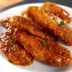 Plate of Honey Garlic Chicken Tenders drizzled with a savory glaze