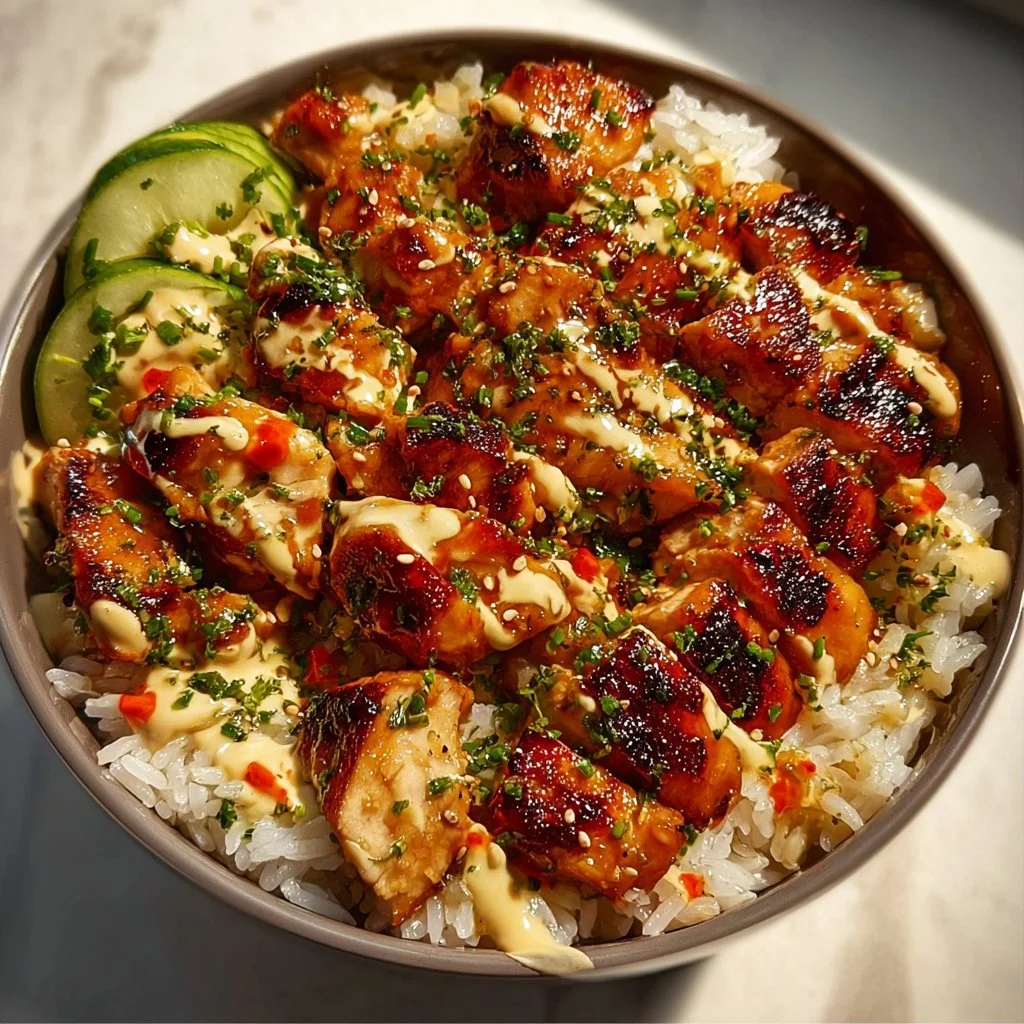 Delicious Honey Sriracha Chicken Rice Bowl served with fresh vegetables