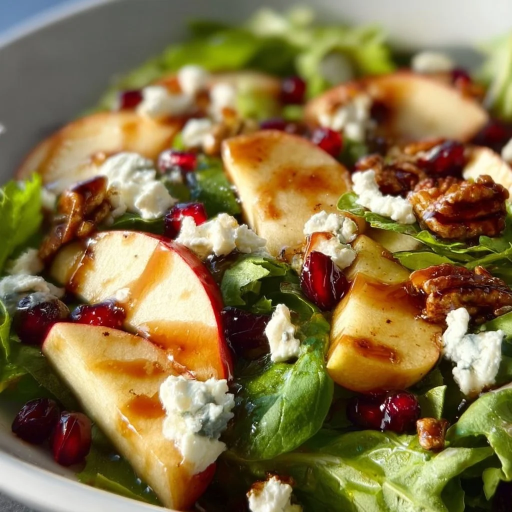 A vibrant Honeycrisp Apple Feta Salad with fresh greens and colorful ingredients.