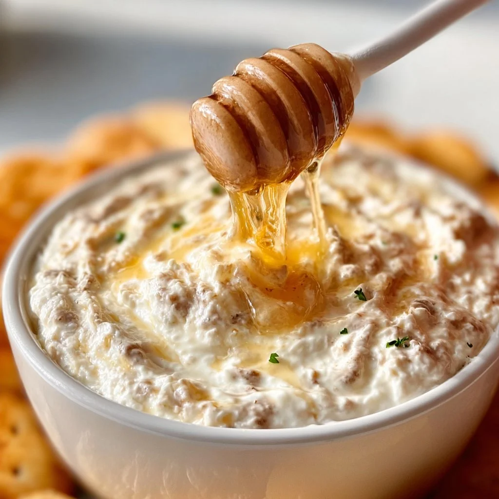 Hot honey cream cheese dip served with crackers